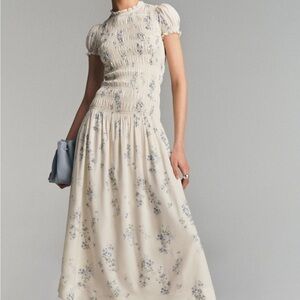 Reformation Cream and Blue Floral Midi Dress